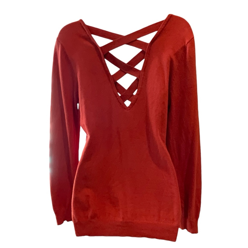Love Ellie Sweater Rust Color Vneck with Cutout V Back Long Sleeve Size Medium